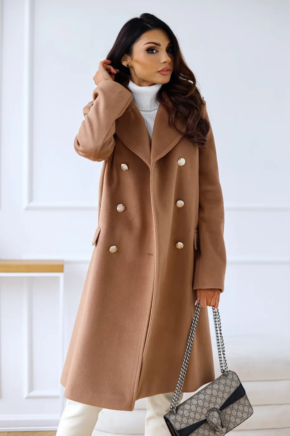 WW | Damen Doppelreihiger Mantel - Wollmischung - Mittellang - Reverskragen - Elegante formelle Kleidung