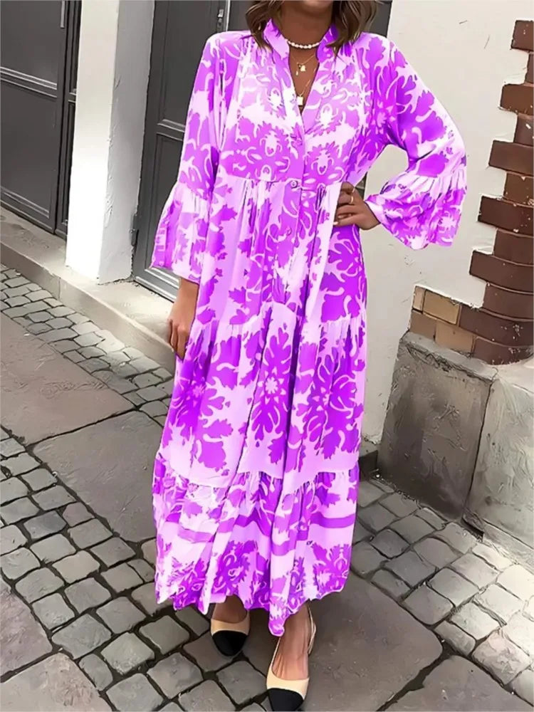 Purple | Boho Maxi Dress with V-Neck and Flared Sleeves