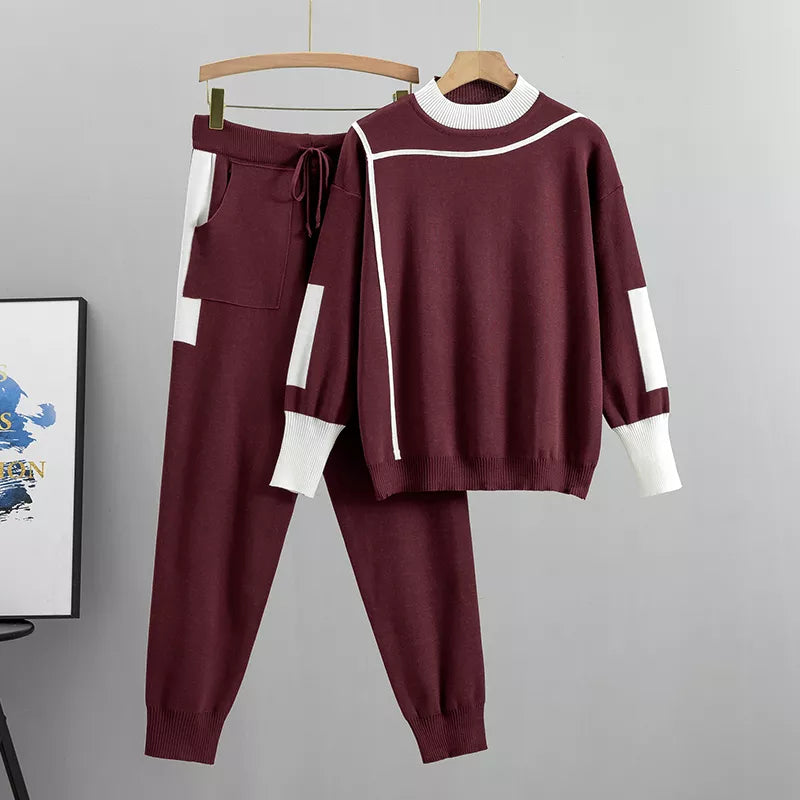 WW | Casual Autumn Knitted Patchwork Top and Pants Set for Women