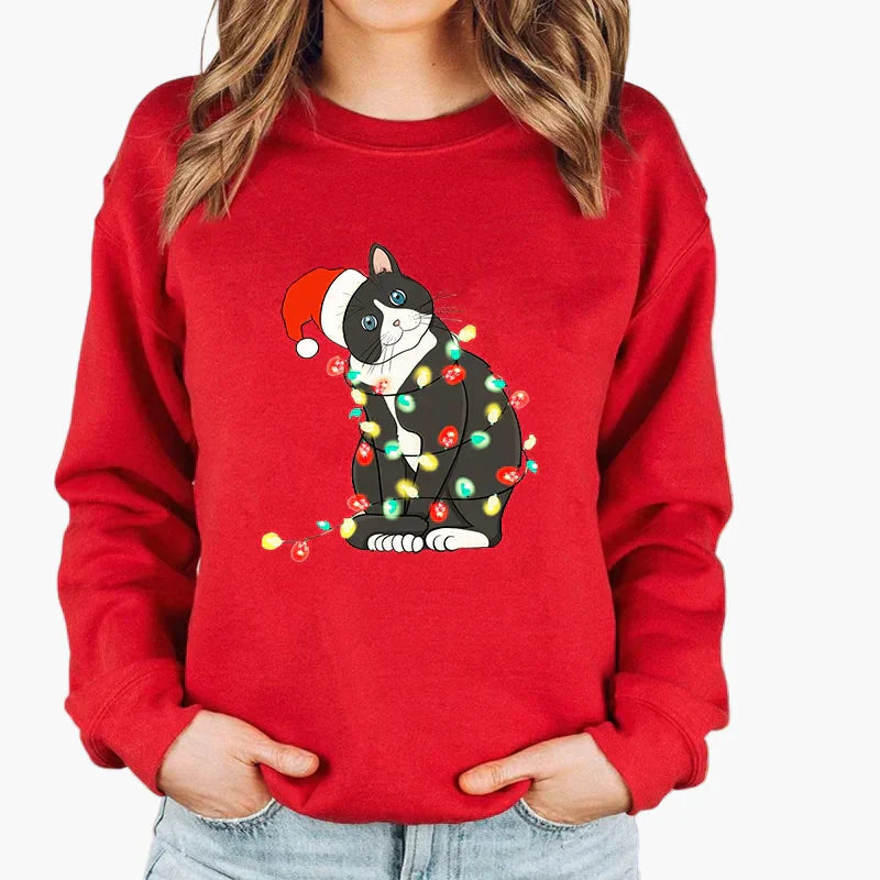 WW | Christmas Sweater with Cat and Fairy Lights - Funny Winter Sweater for Cat Lovers