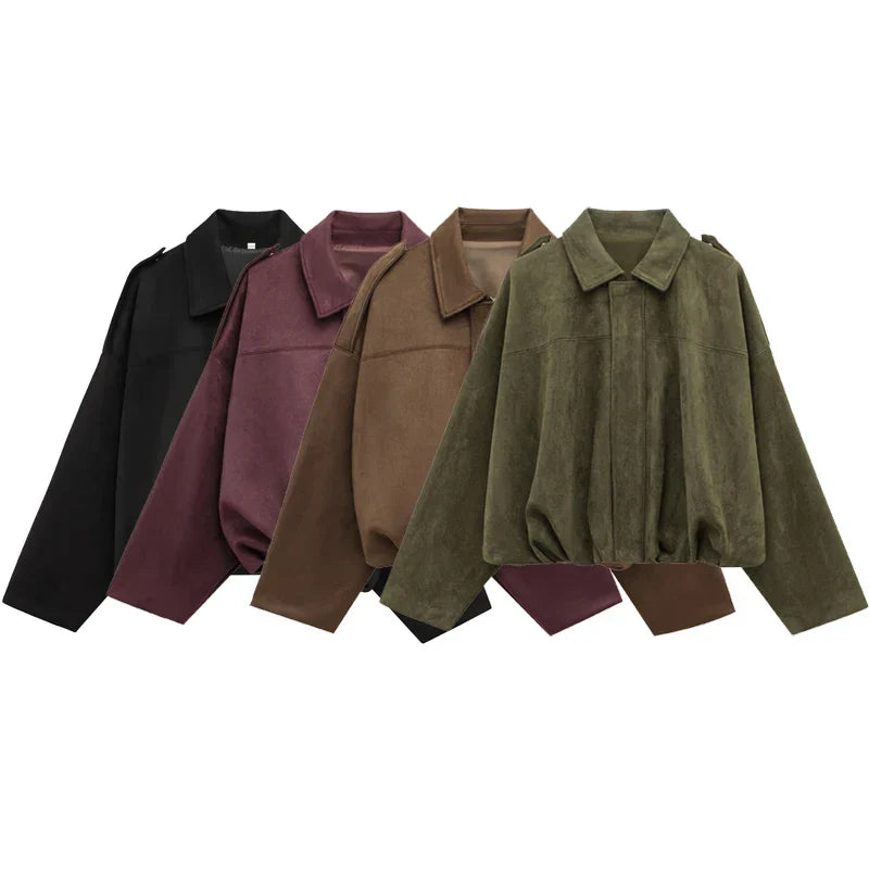 WW | Cropped Bomber Jacket with Lapel Collar and Front Zip
