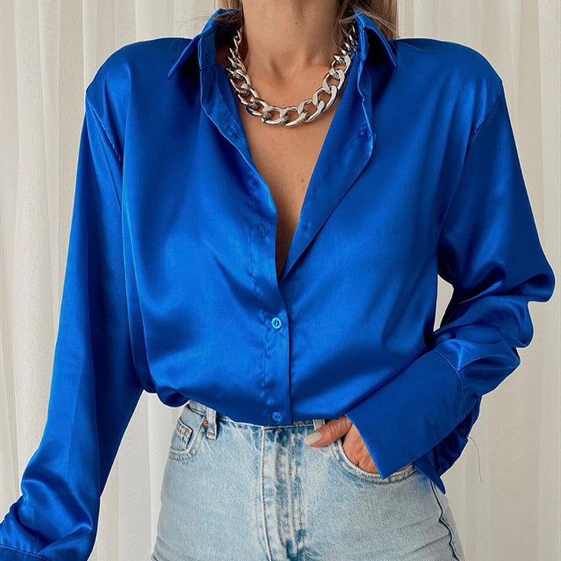 WW | Satin Blouse With Polo Collar Silk Blouse For The Office Vintage Design With Loose Button Elegant Fashion