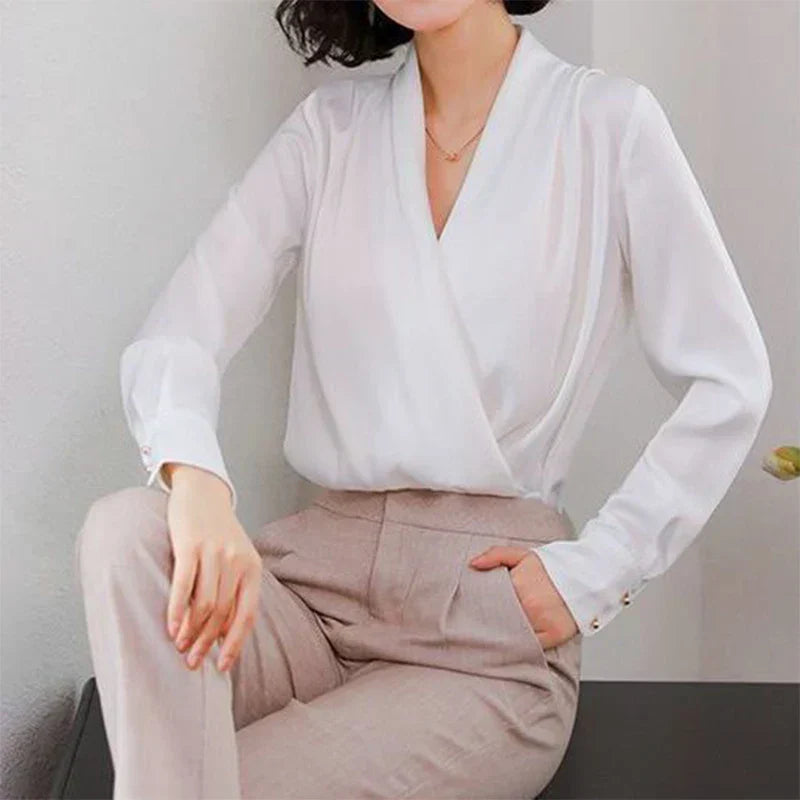 WW | Elegant Satin Blouse With V-Neck For Office & Evening