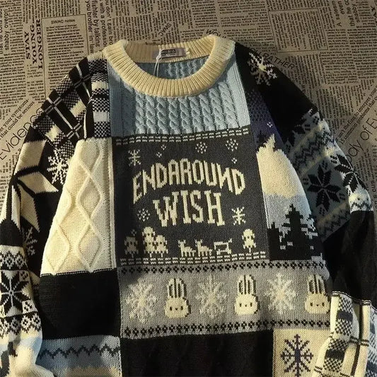 WW - Ugly Christmas Sweater - Loose Retro V-Neck Color Block Pullover