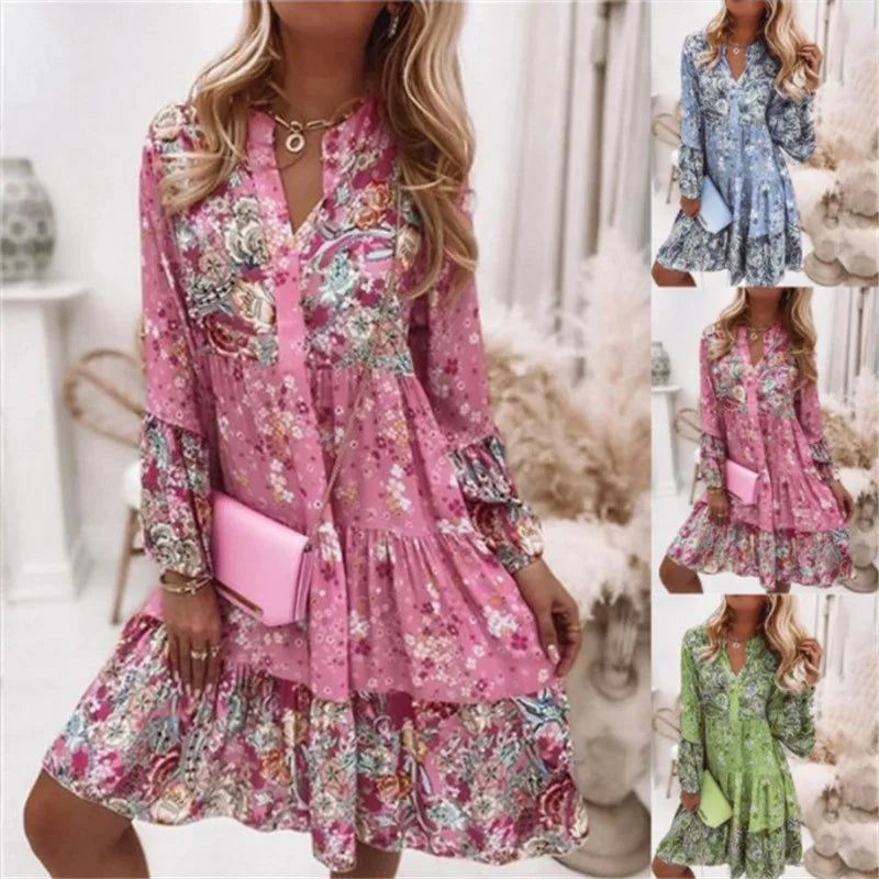 Helena - Floral A-line Dress with V-Neck