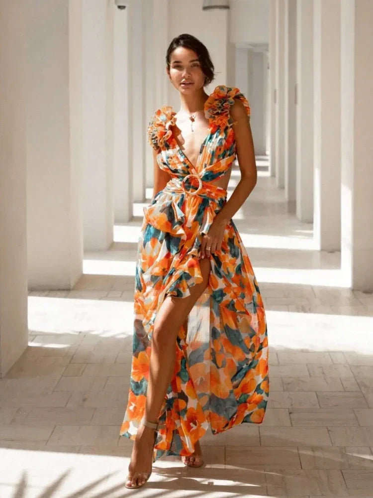 Lexi - Elegant Backless Ruffle Maxi Dress