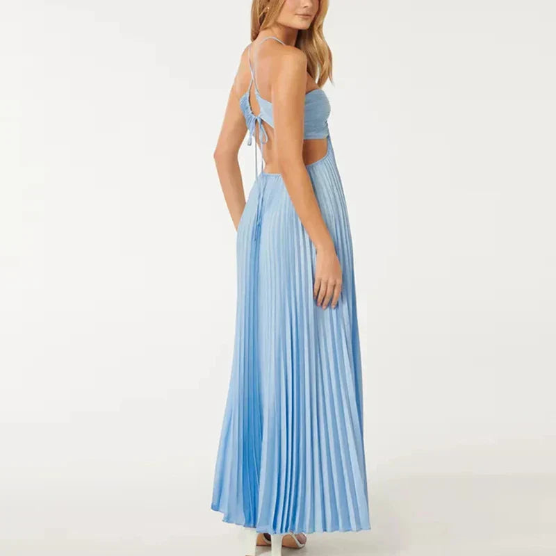 Marina | Blue Halterneck Pleated Party Dress