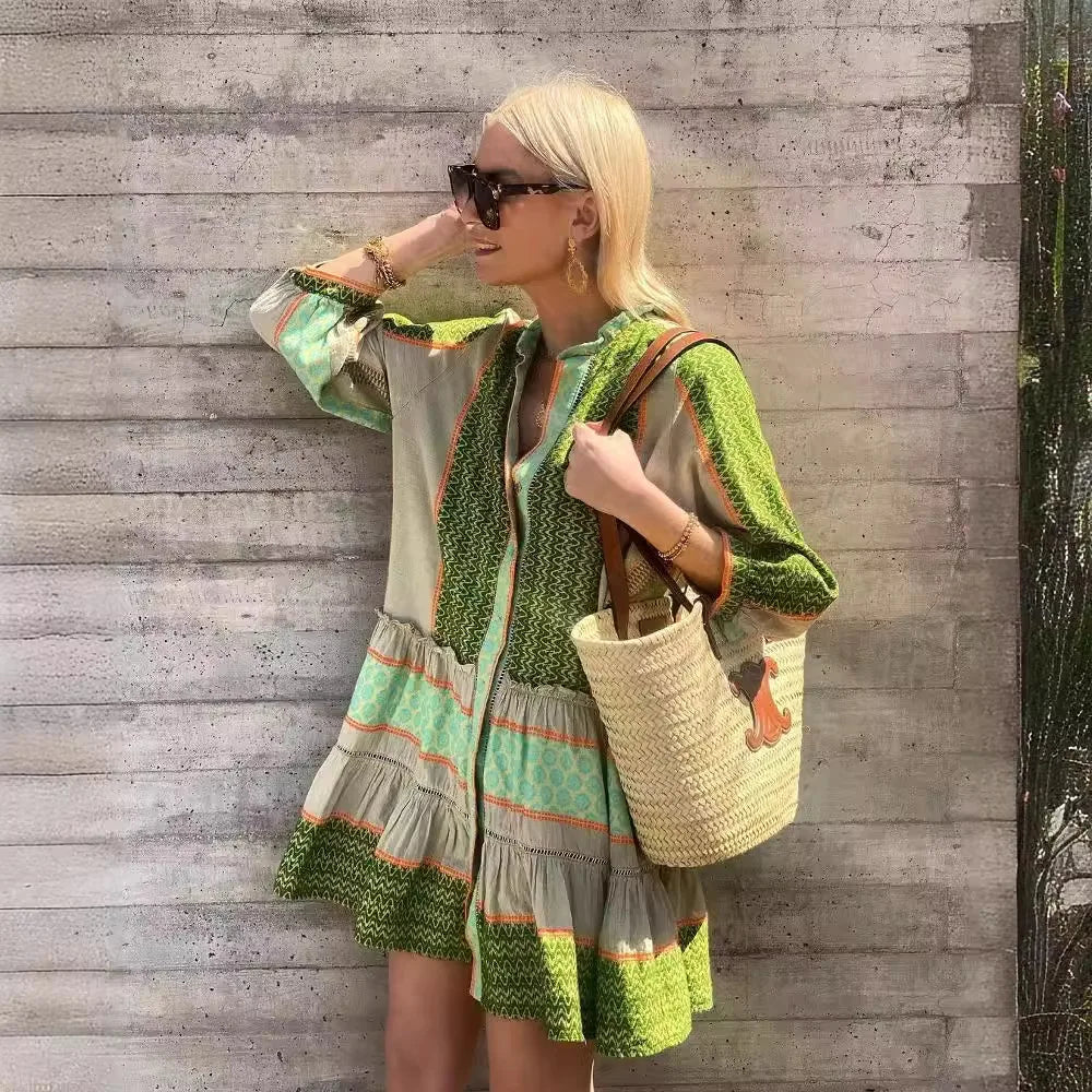 Selene | Cotton-Linen Dress with Green Print