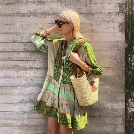 Selene | Cotton-Linen Dress with Green Print