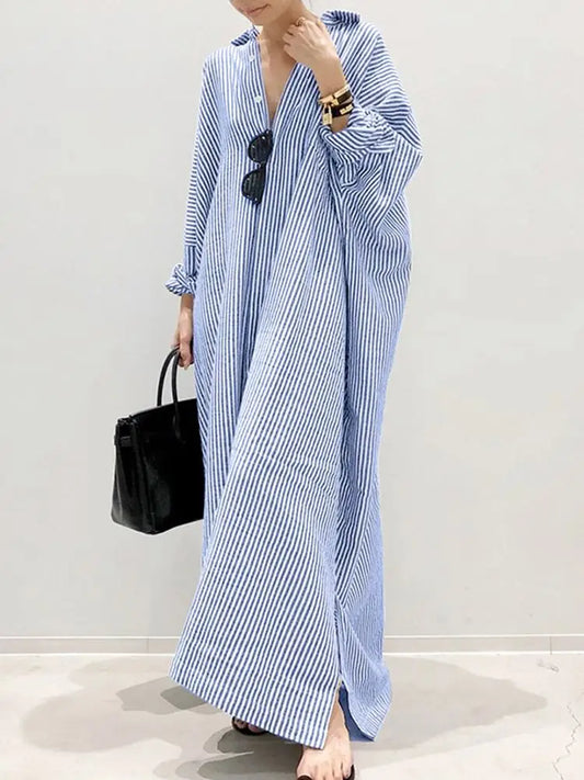 WW Striped Dress | Casual Oversized Long Sleeve Maxi Dress for Women