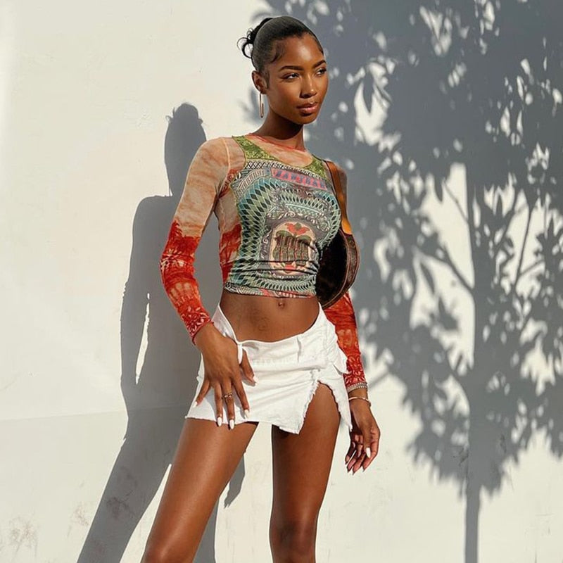 WW | Langärmliges Mesh-Top mit Tattoo-Print