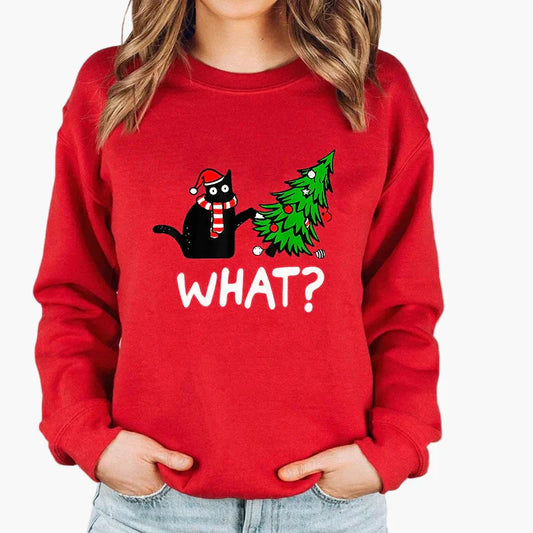 WW | Christmas Sweater with Cat and Fairy Lights - Funny Winter Sweater for Cat Lovers