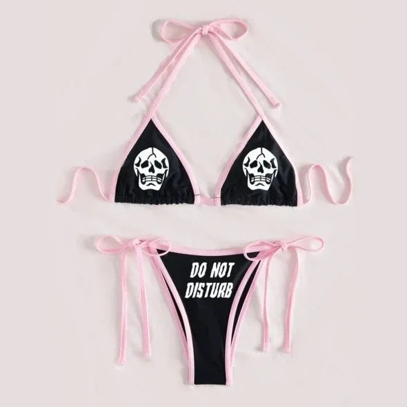 WW | Sexy Goth Bikini Frauen Buchstaben Totenkopf Druck Badeanzug Split Badeanzug Hohe Taille Gotische Bikini Set Strandoutfits