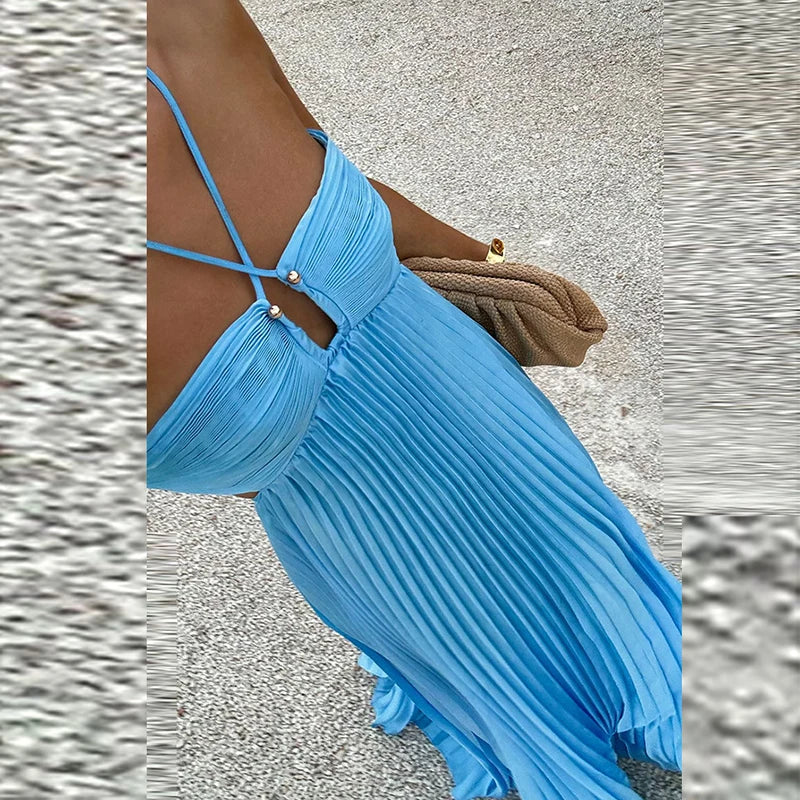 Marina | Blue Halterneck Pleated Party Dress