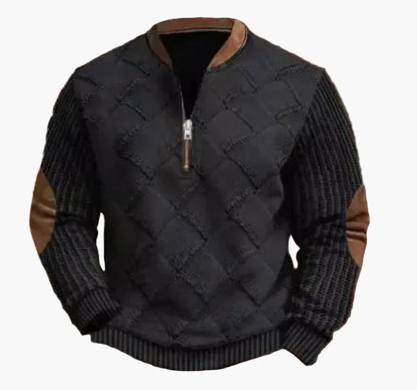 WW | Halbzipper Pullover - Modischer Strick-Look für Herbst und Winter, Warmes Sweatshirt mit Stehkragen und Ellbogen-Patches, Freizeit & Alltag