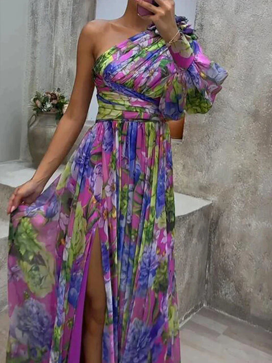 WW | Maxi dress with a sexy side slit and one sleeve in purple print