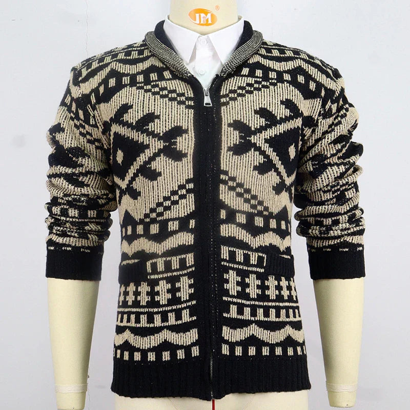 WW | Strickjacke mit Ethno-Muster - Warmer Cardigan mit Reißverschluss und Retro-Design