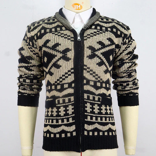 WW | Strickjacke mit Ethno-Muster - Warmer Cardigan mit Reißverschluss und Retro-Design