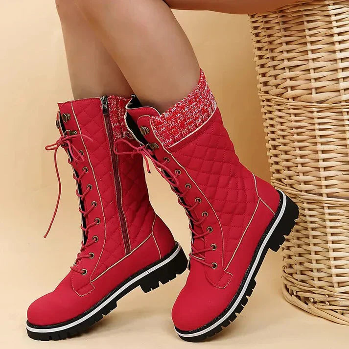 WW |  Damen-Winterstiefel mit Schnürung & Reißverschluss - Warme Stiefeletten mit Strickbund & Profilsohle
