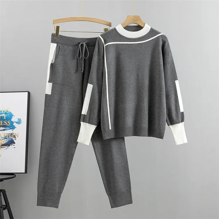 WW | Casual Autumn Knitted Patchwork Top and Pants Set for Women