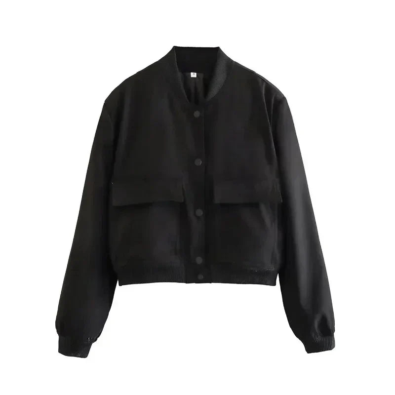 WW | Cropped Snap-Button Bomber Jacket with Baseball Collar