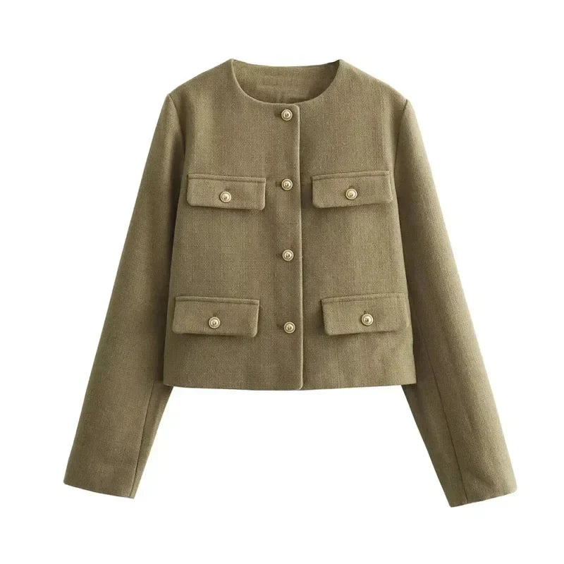 WW | Cropped Bomber Jacket with Round Neck and Long Sleeves
