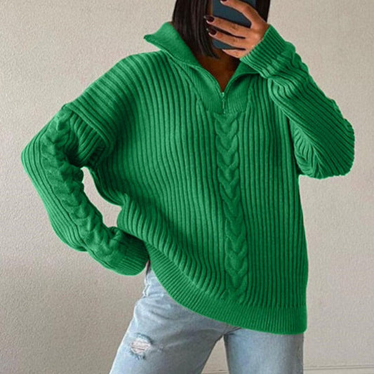 WW V-Sweater | Bequemer Zopfpullover mit V-Ausschnitt, Rollkragen und Reißverschluss