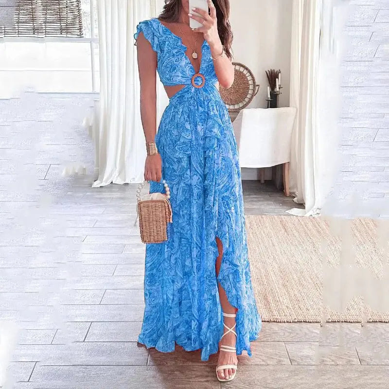 Elara | Printed Pleated V-Neck Dress