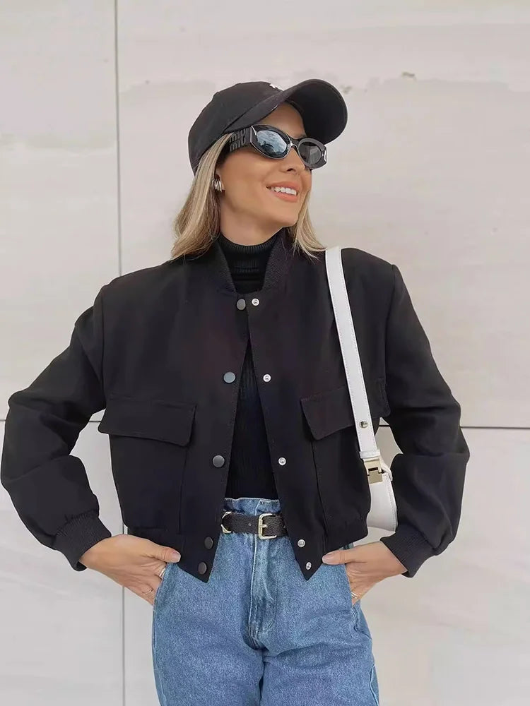 WW | Casual Bomber Jacket with Front Buttons and Flap Pockets