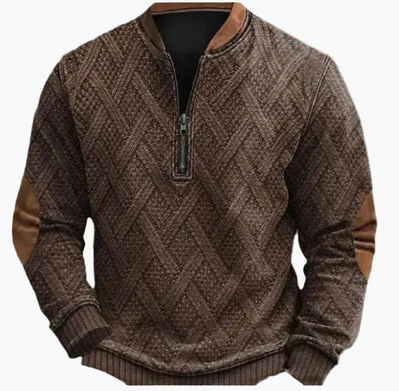 WW | Halbzipper Pullover - Modischer Strick-Look für Herbst und Winter, Warmes Sweatshirt mit Stehkragen und Ellbogen-Patches, Freizeit & Alltag