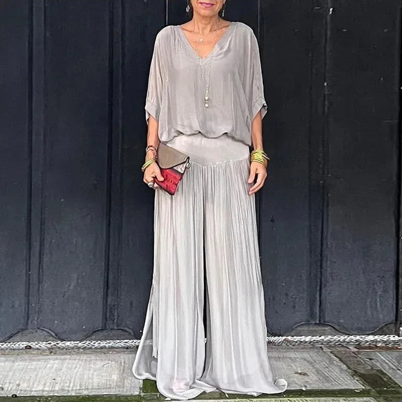 WW | Elegantes Zweiteiliges Set Aus Chiffonoberteil Und Hose Mit Weitem Bein