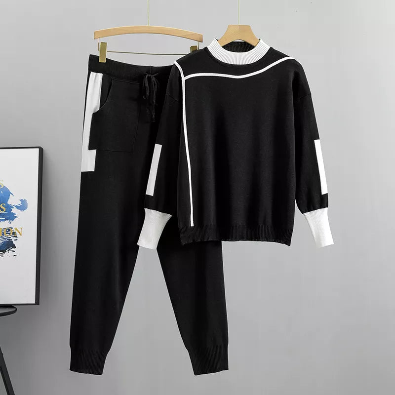 WW | Casual Autumn Knitted Patchwork Top and Pants Set for Women
