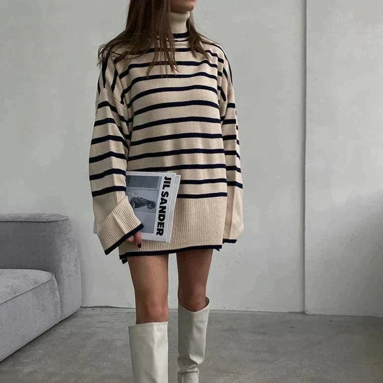 WW | Übergroß Fit Streifen Hoher Kragen Weiches Und Warmes Strickmaterial