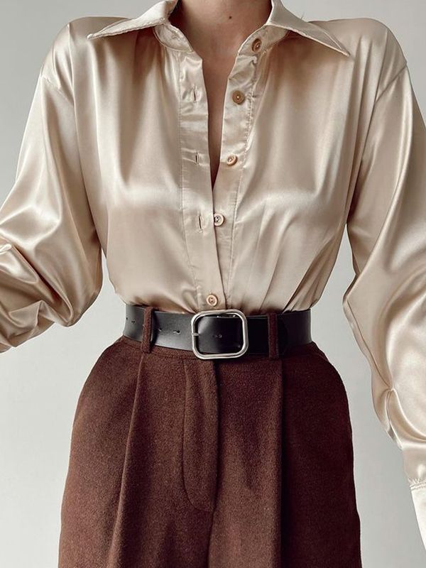 WW | Satin Blouse With Polo Collar Silk Blouse For The Office Vintage Design With Loose Button Elegant Fashion