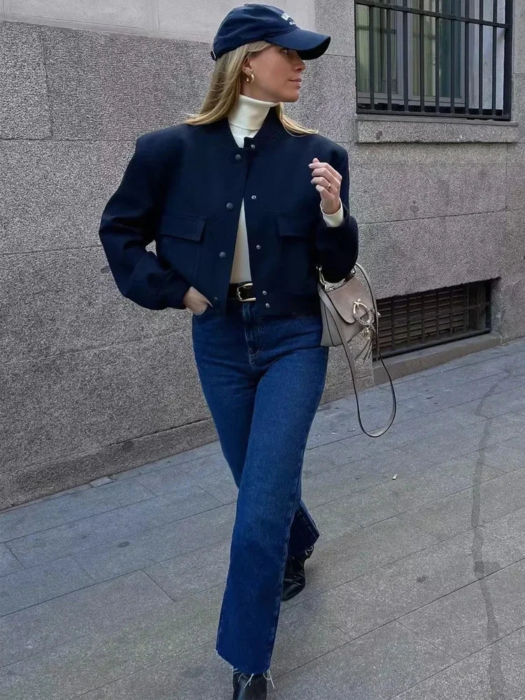 WW | Cropped Snap-Button Bomber Jacket with Baseball Collar