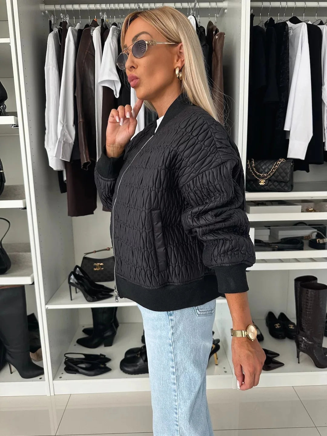 WW | Quilted Bomber Jacket with Front Zip and Ribbed Trim