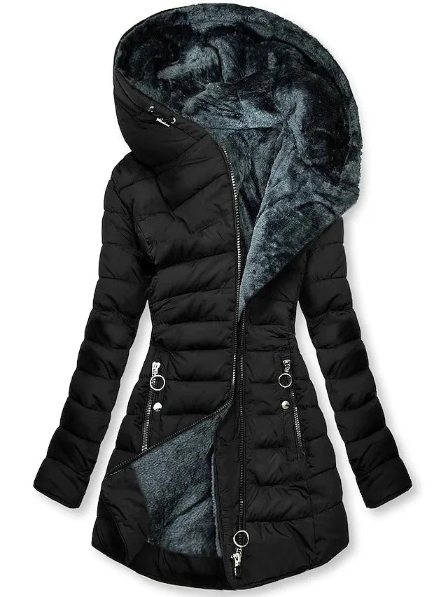 WW - Wintermantel für Damen - Mit Fellkragen, Kapuze und Reißverschluss
