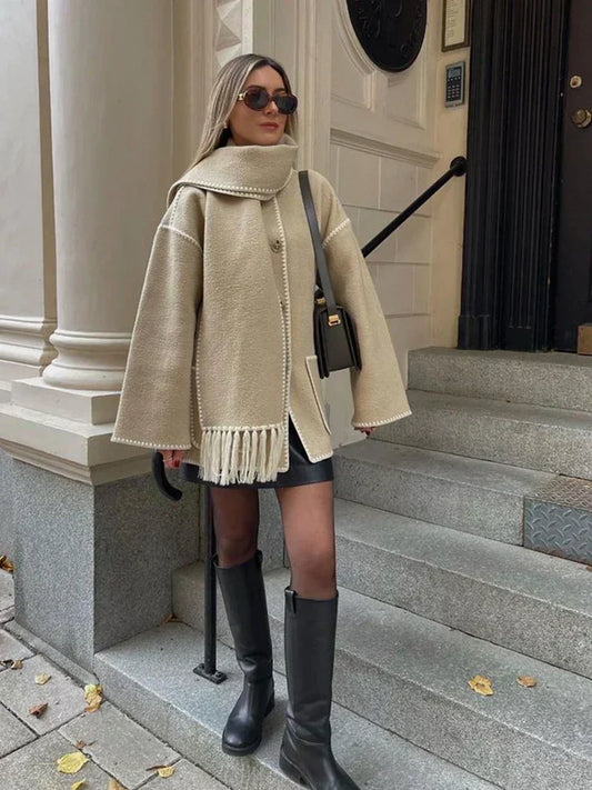WW | Eleganter Damenmantel mit Schal Stylischer Wintermantel