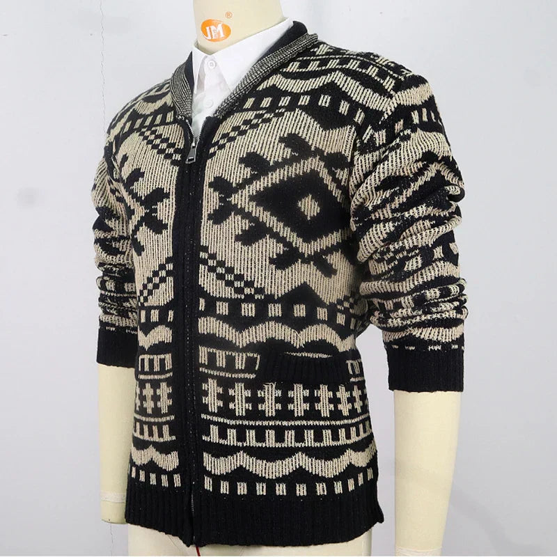 WW | Strickjacke mit Ethno-Muster - Warmer Cardigan mit Reißverschluss und Retro-Design