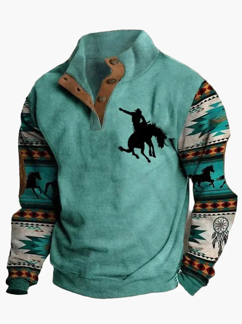 WW | Retro Cowboy Sweatshirt with Digital Print and Stand-Up Collar - Western Casual Pullover for Outdoors and Leisure