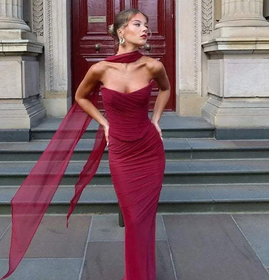 WW | Elegant Women's 2 Piece Dress Set Strapless Bodycon Crop Top and Maxi Skirt Set Formal Wedding Guest Party Dress