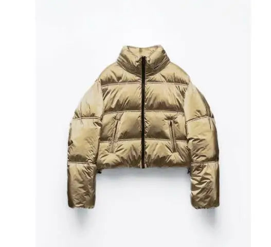 WW | Kurz geschnittene metallische gesteppte Winterjacke mit hohem Kragen