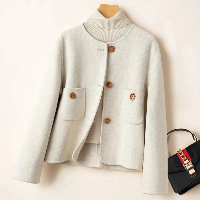 WW | Cropped Wool Blend Boxy Fit Collarless Jacket Decorative Button Closure Flap Pockets