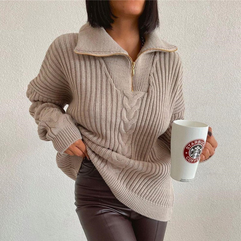 WW V-Sweater | Comfortable Cable Knit Sweater with V-Neck, Turtleneck and Zipper