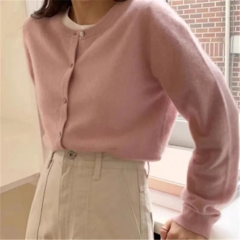 WW | Knitted Jacket Wool Blend Button Closure Slim Fit Crew Neck