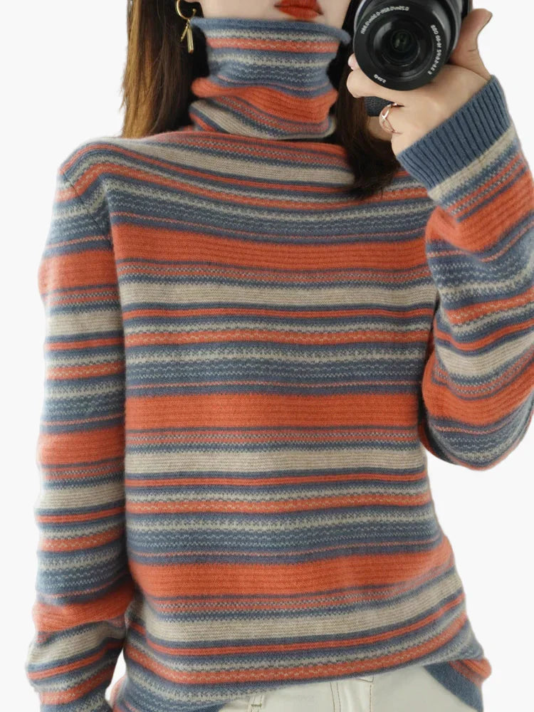 WW | Retro Striped Turtleneck Sweater - Fashionable Winter Sweater for Everyday & Leisure