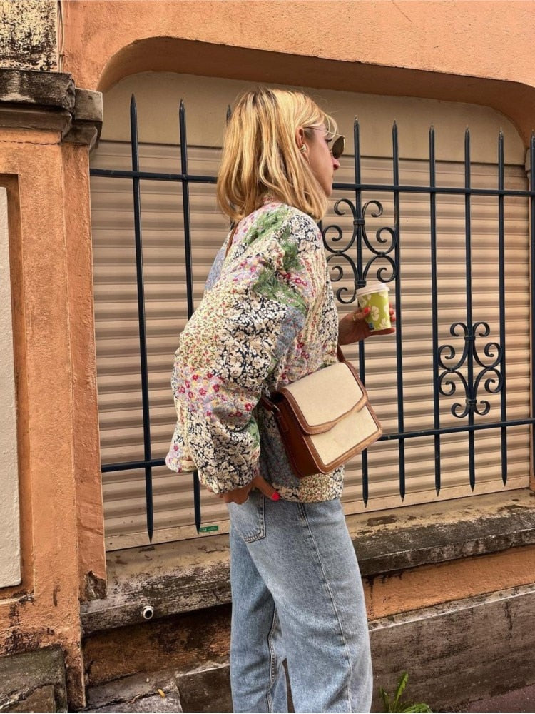 WW | Grüne Blumen bedruckte gesteppte Baumwolljacke für Damen