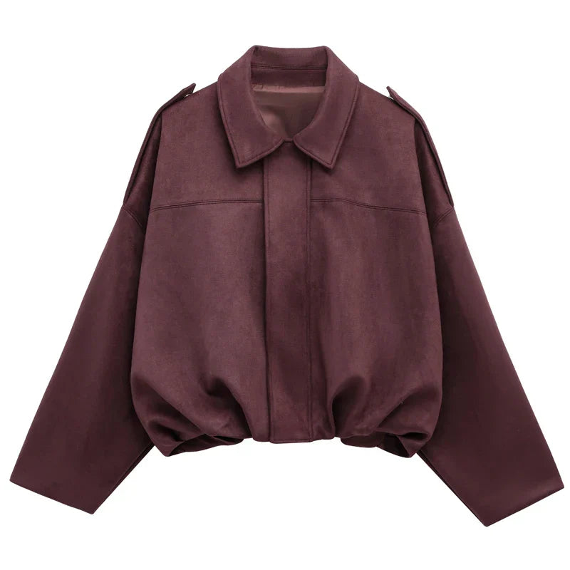 WW | Cropped Bomber Jacket with Lapel Collar and Front Zip