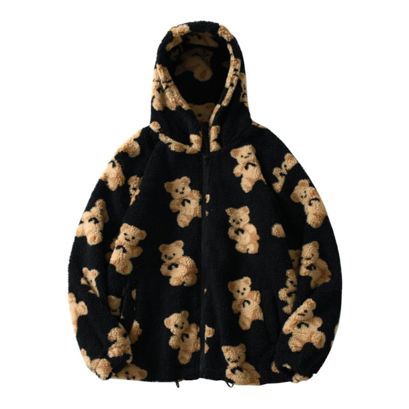 WW | Bear Teddy Print Plush Jacket Fluffy Hooded Outerwear