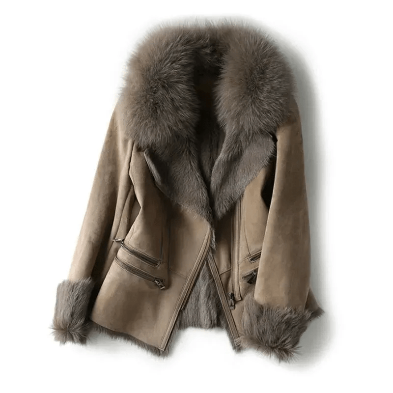 WW | Faux Fur Kragenjacke - Wildlederfinish - Eleganter Winterstil - Warme isolierte Schicht